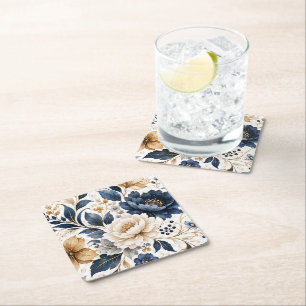 Elegant marineblauw en crèmekleurig bloemmotief me kartonnen onderzetters