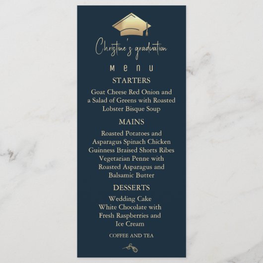 Elegant marineblauw en gouden Afstuderen Menu (Voorkant)