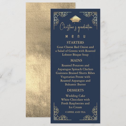 Elegant marineblauw en gouden Afstuderen Menu (Voorkant / Achterkant)