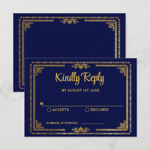 Elegant marineblauw en gouden art deco-huwelijksre RSVP kaartje