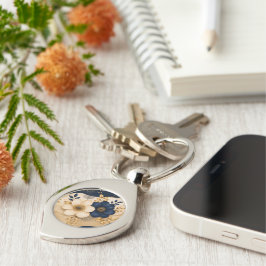 Elegant marineblauw en gouden botanische bloemenme sleutelhanger