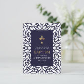 Elegant marineblauw en gouden doop dank u briefkaart (Staand voorkant)