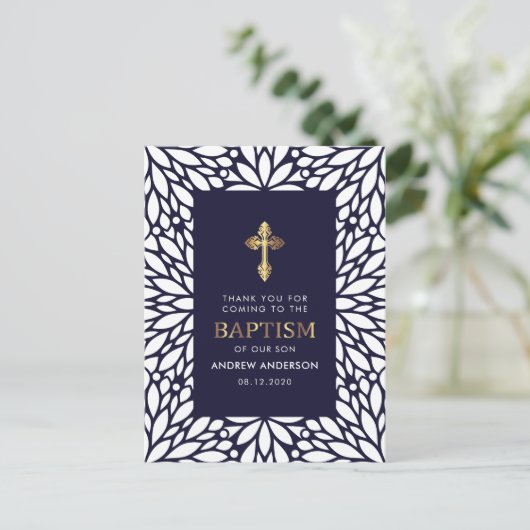 Elegant marineblauw en gouden doop dank u briefkaart (Staand voorkant)