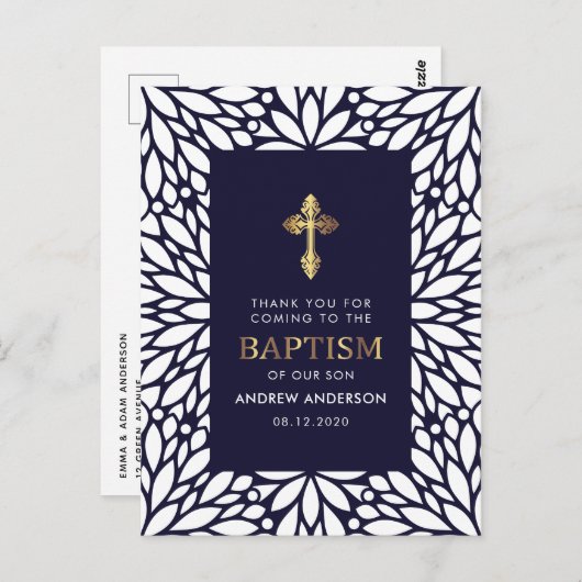 Elegant marineblauw en gouden doop dank u briefkaart (Voorkant / Achterkant)