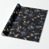 Elegant marineblauw en gouden Roos bloemmotief Cadeaupapier (Uitgerold)