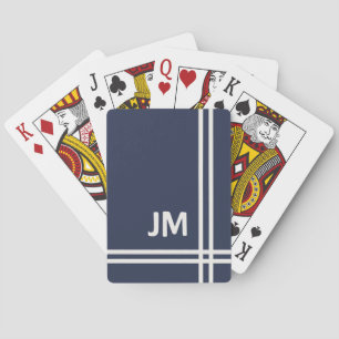 Elegant marineblauw en wit streepjesontwerp pokerkaarten