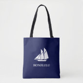 Elegant marineblauw en wit zeiljacht tote bag (Voorkant)
