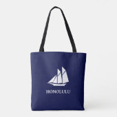 Elegant marineblauw en wit zeiljacht tote bag (Achterkant)