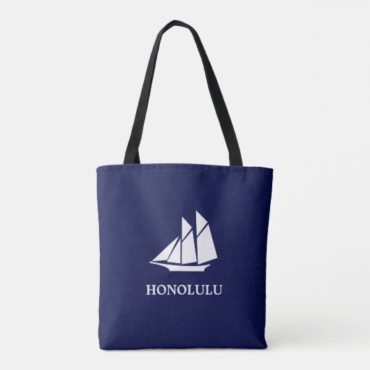 Elegant marineblauw en wit zeiljacht tote bag (Achterkant)