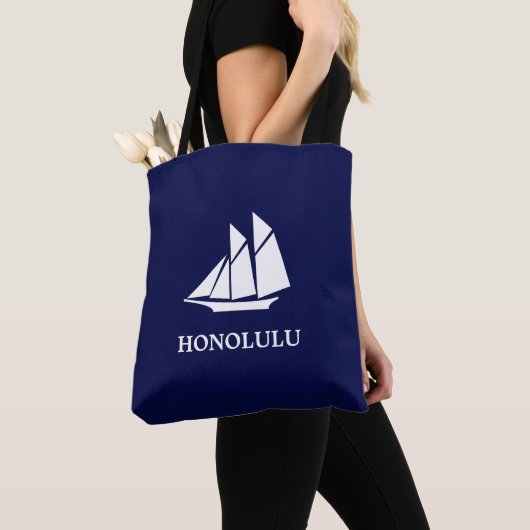 Elegant marineblauw en wit zeiljacht tote bag (Dichtbij)