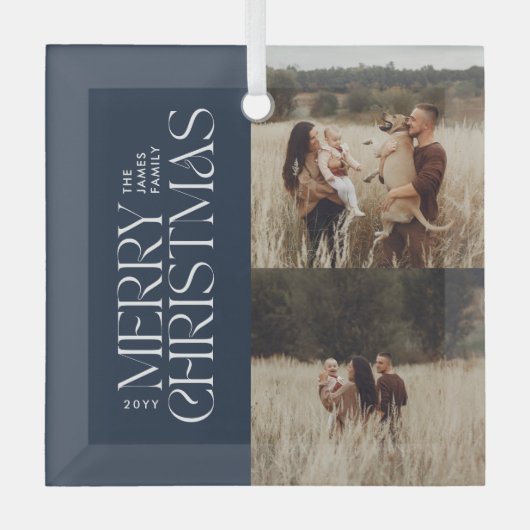 Elegant marineblauw gebladerte moderne minimale fo glas ornament (Voorkant)