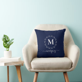 Elegant marineblauw gepersonaliseerd krans monogra kussen