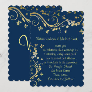 Elegant, marineblauw, goud folie, trouwuitnodiging kaart