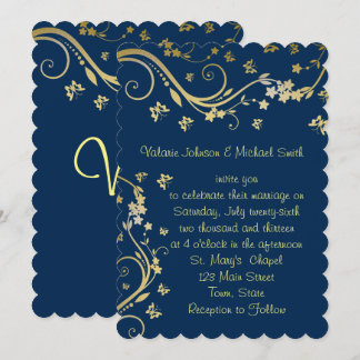 Elegant, marineblauw, goud folie, trouwuitnodiging kaart