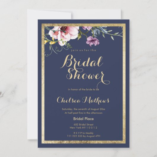 Elegant marineblauw goud roze floral Vrijgezellenf Kaart (Voorkant)