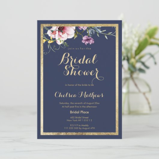 Elegant marineblauw goud roze floral Vrijgezellenf Kaart (Staand voorkant)