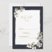 Elegant marineblauw goud wit orchidee bloemenrsvp kaart (Voorkant)