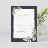 Elegant marineblauw goud wit orchidee bloemenrsvp kaart (Staand voorkant)