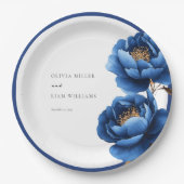 Elegant marineblauw gouden bloem bruiloft papieren bordje (Voorkant)