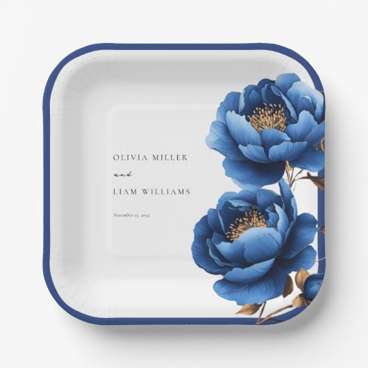 Elegant marineblauw gouden bloem bruiloft papieren bordje (Voorkant)