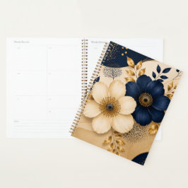 Elegant marineblauw & gouden botanische bloempatro planner