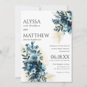 Elegant marineblauw gouden waterverf bloemenbruilo kaart (Voorkant)