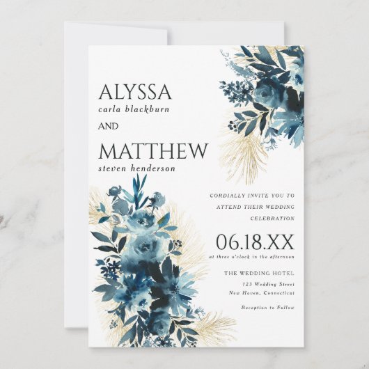 Elegant marineblauw gouden waterverf bloemenbruilo kaart (Voorkant)