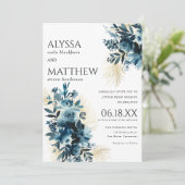 Elegant marineblauw gouden waterverf bloemenbruilo kaart (Staand voorkant)