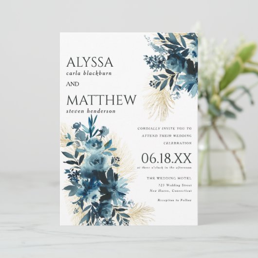 Elegant marineblauw gouden waterverf bloemenbruilo kaart (Staand voorkant)