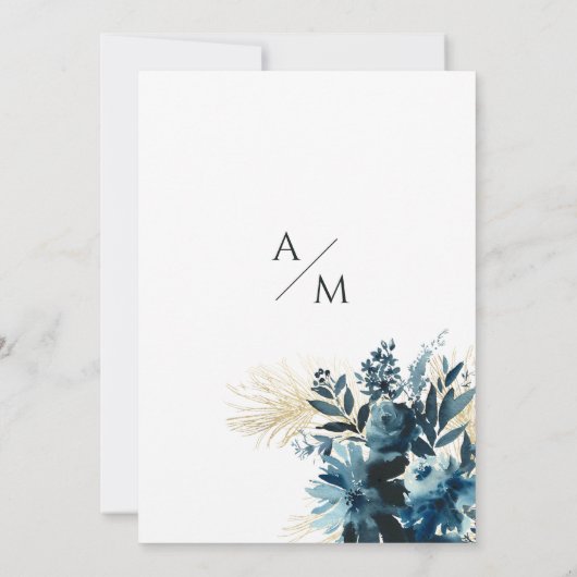 Elegant marineblauw gouden waterverf bloemenbruilo kaart (Achterkant)