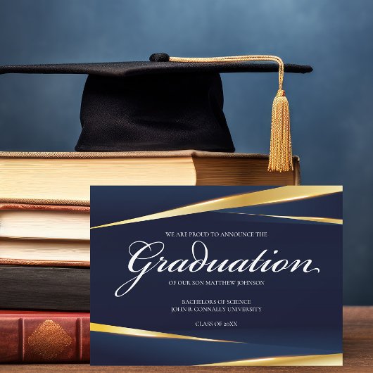 Elegant marineblauw goudvormig Afstuderen Aankondiging