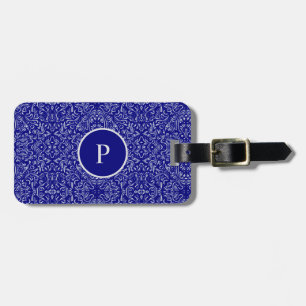 Elegant marineblauw & grijs damast patroon bagagelabel