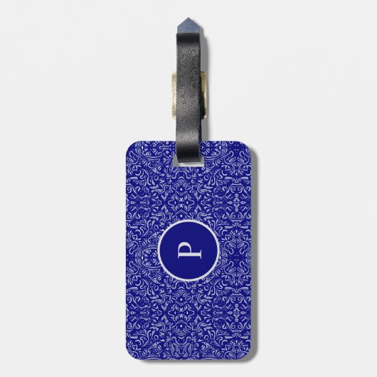 Elegant marineblauw & grijs damast patroon bagagelabel (Achterkant verticaal)