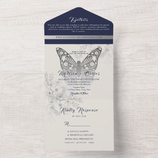 Elegant marineblauw huwelijk in één uitnodiging (Binnen)