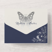 Elegant marineblauw huwelijk in één uitnodiging (Achterkant)
