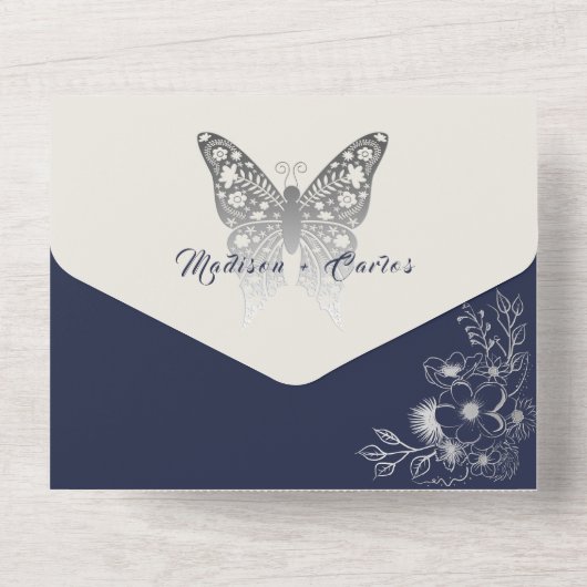 Elegant marineblauw huwelijk in één uitnodiging (Achterkant)