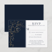 Elegant marineblauw met gouden geschetste Rozen bo RSVP Kaartje (Voorkant / Achterkant)