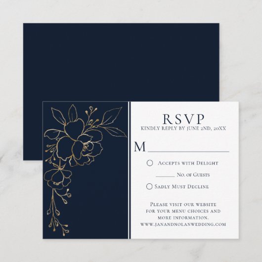 Elegant marineblauw met gouden geschetste Rozen bo RSVP Kaartje (Voorkant / Achterkant)