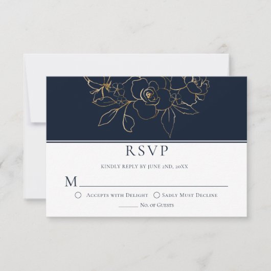 Elegant marineblauw met gouden geschetste Rozen RS RSVP Kaartje (Voorkant)