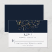 Elegant marineblauw met gouden geschetste Rozen RS RSVP Kaartje (Voorkant / Achterkant)