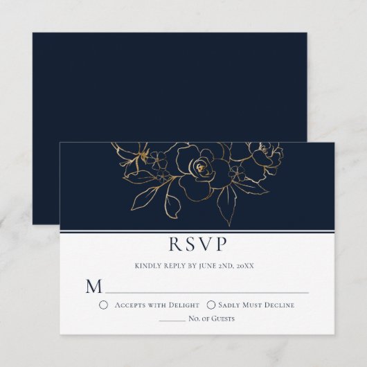 Elegant marineblauw met gouden geschetste Rozen RS RSVP Kaartje (Voorkant / Achterkant)