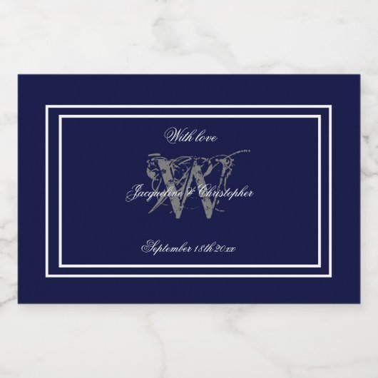 Elegant marineblauw monogram chique bruiloft mini likeurfles etiket (Enkel label)