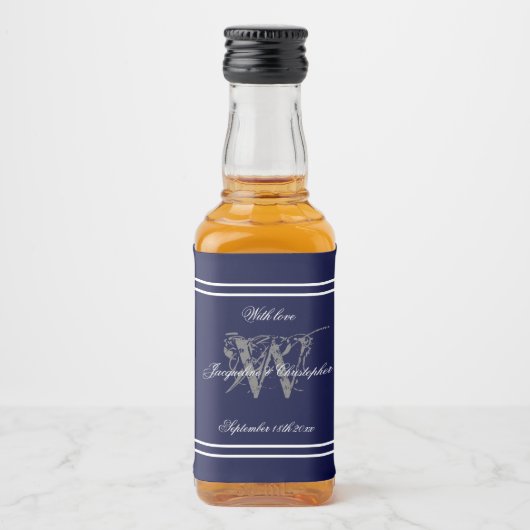 Elegant marineblauw monogram chique bruiloft mini likeurfles etiket (Voorkant)