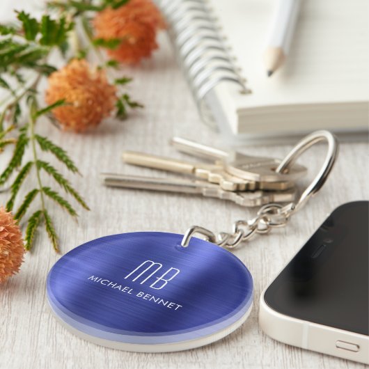 Elegant marineblauw monogram sleutelhanger (Voorkant Rechts)