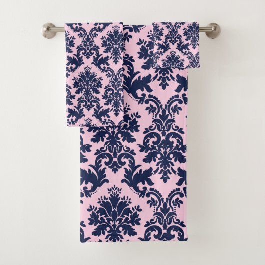 Elegant marineblauw op roze  bloemdamast bad handdoek (Insitu)