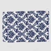 Elegant marineblauw op witte bloemendamast golfhanddoek (Horizontaal)