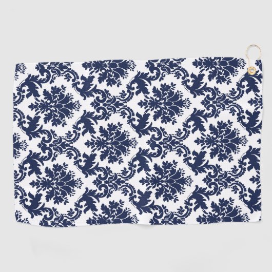 Elegant marineblauw op witte  bloemendamast golfhanddoek (Horizontaal)