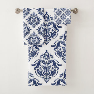 Elegant marineblauw op witte damast bad handdoek