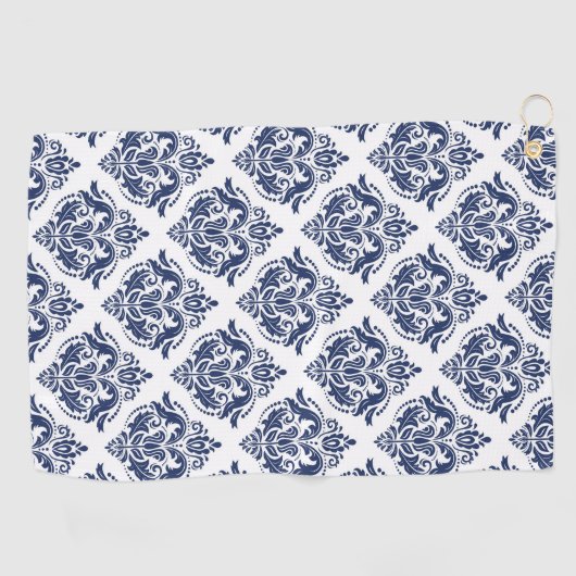 Elegant marineblauw op witte  damast golfhanddoek (Horizontaal)