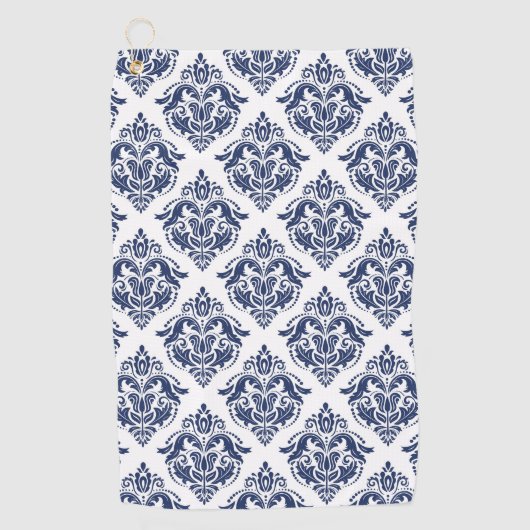 Elegant marineblauw op witte  damast golfhanddoek (Voorkant)